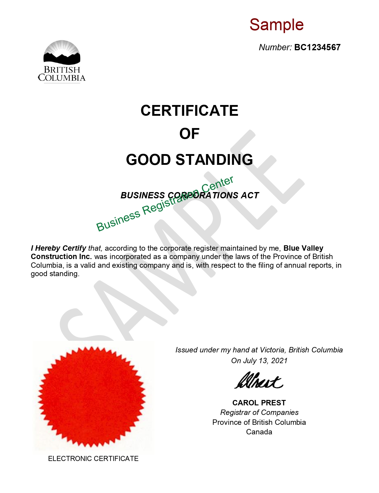 Certificate Of Good Standing 