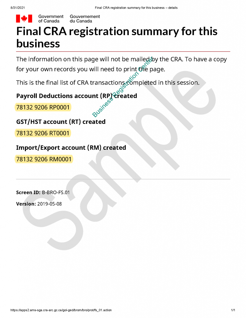 Sample Of CRA Program Accounts Business Registration Center